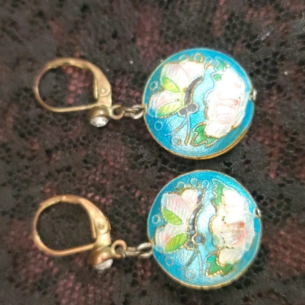 Cloisonne Earrings Blue Flowers & Butterflies
